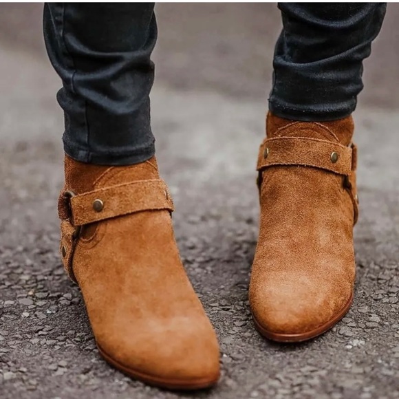 SAINT LAURENT West Tan Suede Harness Boot Women Size 7 - Picture 8 of 10